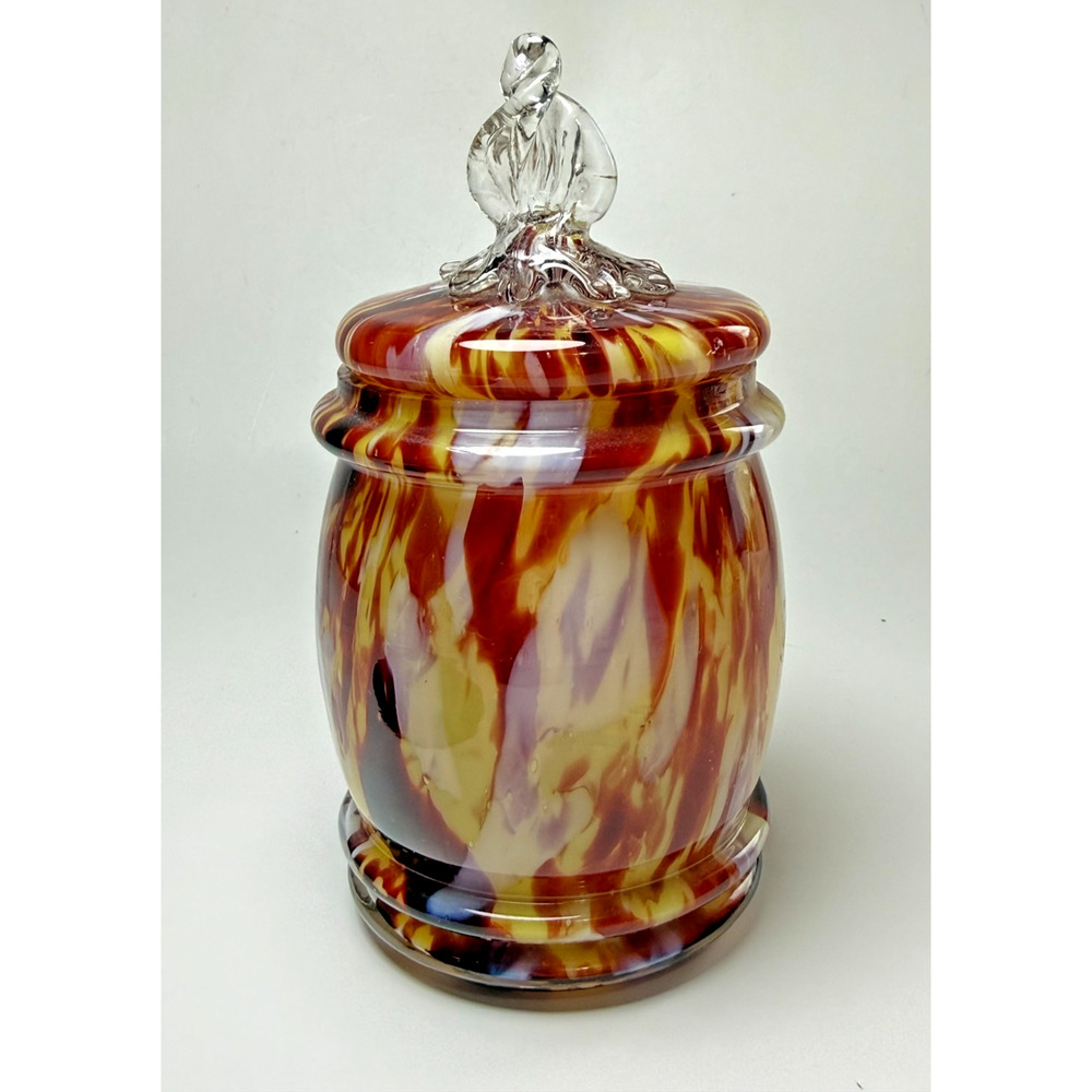 Vintage Czech Spatter Splatter Art Glass Candy Jar Oxblood Yellow Welz GLOWS